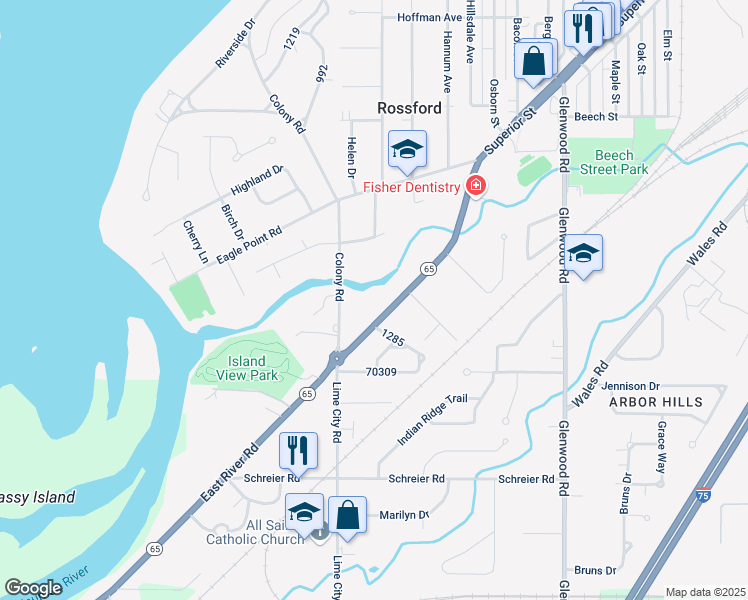 map of restaurants, bars, coffee shops, grocery stores, and more near 148 Colony Road in Rossford
