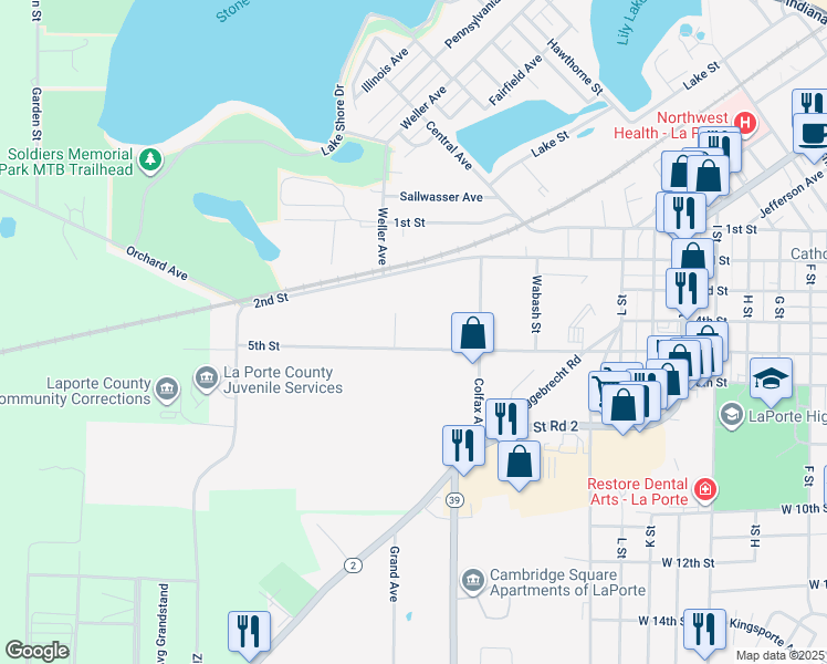 map of restaurants, bars, coffee shops, grocery stores, and more near 401-499 Shelton Avenue in La Porte