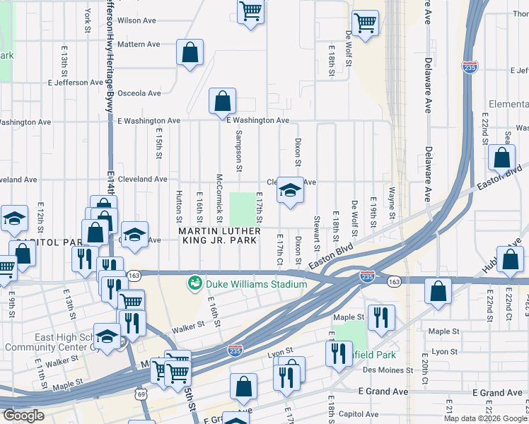 map of restaurants, bars, coffee shops, grocery stores, and more near 1329 East 17th Street in Des Moines