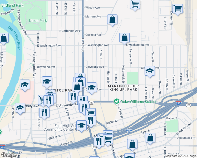 map of restaurants, bars, coffee shops, grocery stores, and more near 1355 Idaho Street in Des Moines