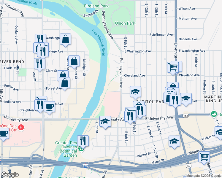 map of restaurants, bars, coffee shops, grocery stores, and more near American Discovery Trail in Des Moines