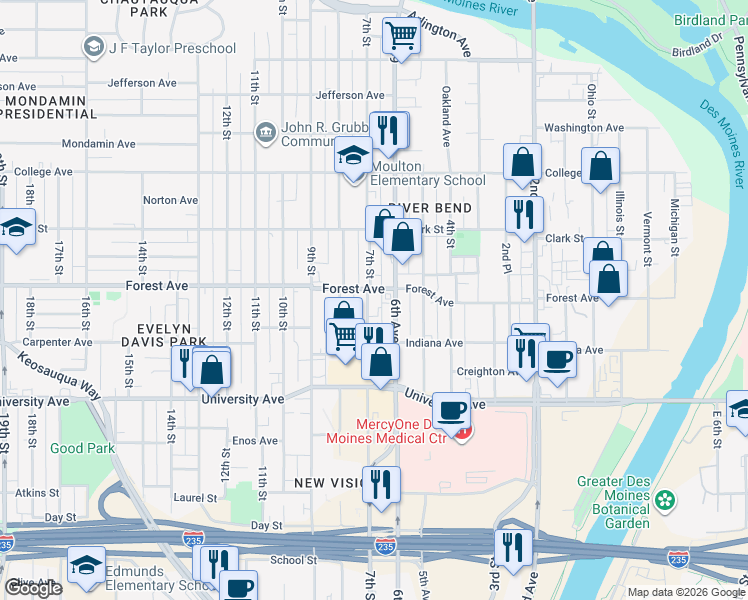 map of restaurants, bars, coffee shops, grocery stores, and more near 1402 7th Street in Des Moines