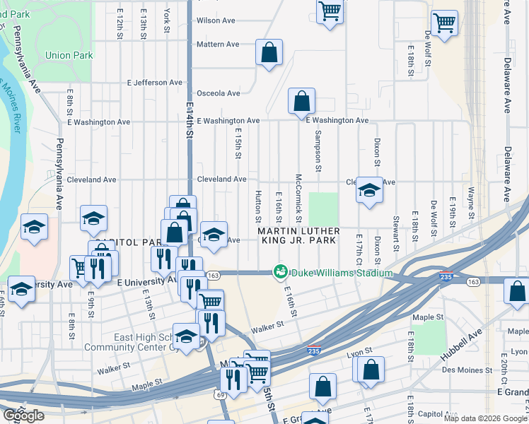 map of restaurants, bars, coffee shops, grocery stores, and more near 1335 Hutton Street in Des Moines