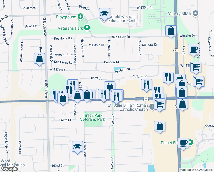 map of restaurants, bars, coffee shops, grocery stores, and more near 15822 West 159th Street in Orland Park