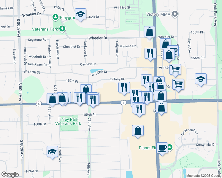 map of restaurants, bars, coffee shops, grocery stores, and more near 7420 West 159th Street in Orland Park
