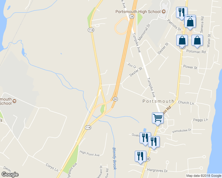 map of restaurants, bars, coffee shops, grocery stores, and more near 12 Statue Way in Portsmouth