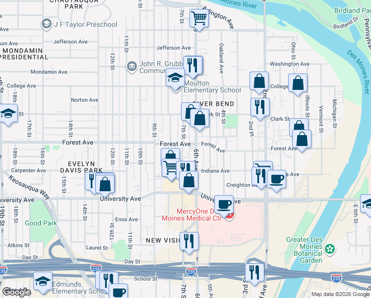 map of restaurants, bars, coffee shops, grocery stores, and more near 1402 7th Street in Des Moines