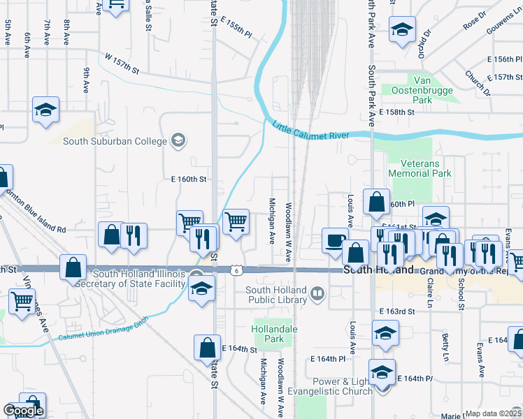 map of restaurants, bars, coffee shops, grocery stores, and more near 112 East 160th Place in South Holland