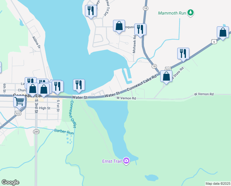 map of restaurants, bars, coffee shops, grocery stores, and more near 12206 Conneaut Lake Road in Conneaut Lake