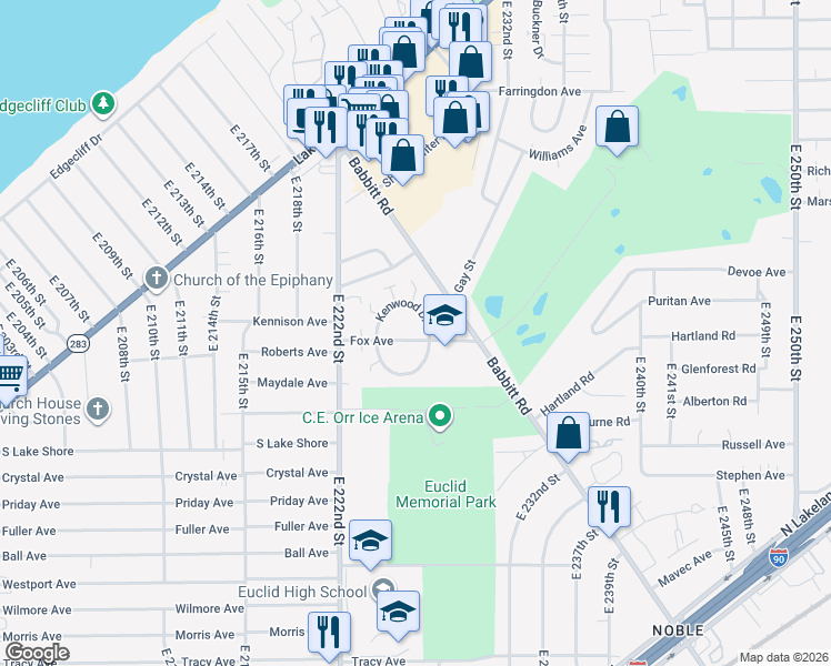 map of restaurants, bars, coffee shops, grocery stores, and more near 490 Kenwood Drive in Euclid