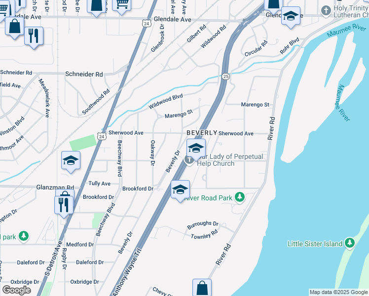 map of restaurants, bars, coffee shops, grocery stores, and more near 3322 Anthony Wayne Trail in Toledo