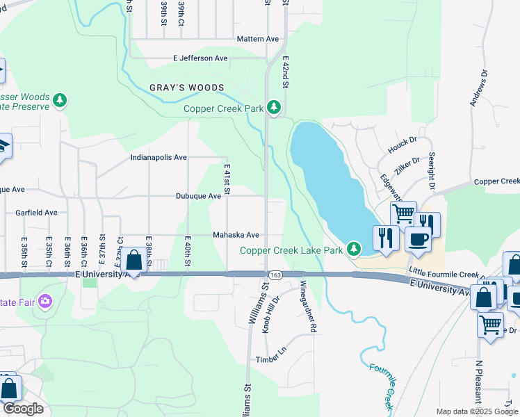 map of restaurants, bars, coffee shops, grocery stores, and more near 4141 Dubuque Avenue in Des Moines