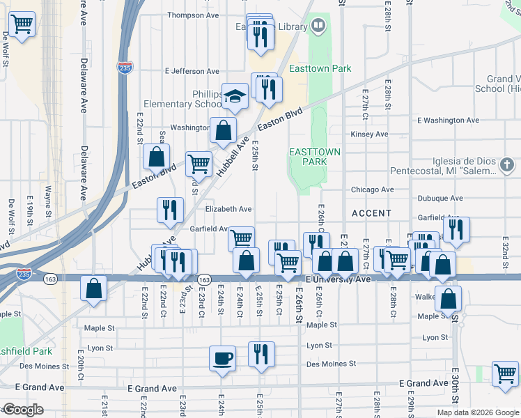 map of restaurants, bars, coffee shops, grocery stores, and more near 1328 East 25th Court in Des Moines