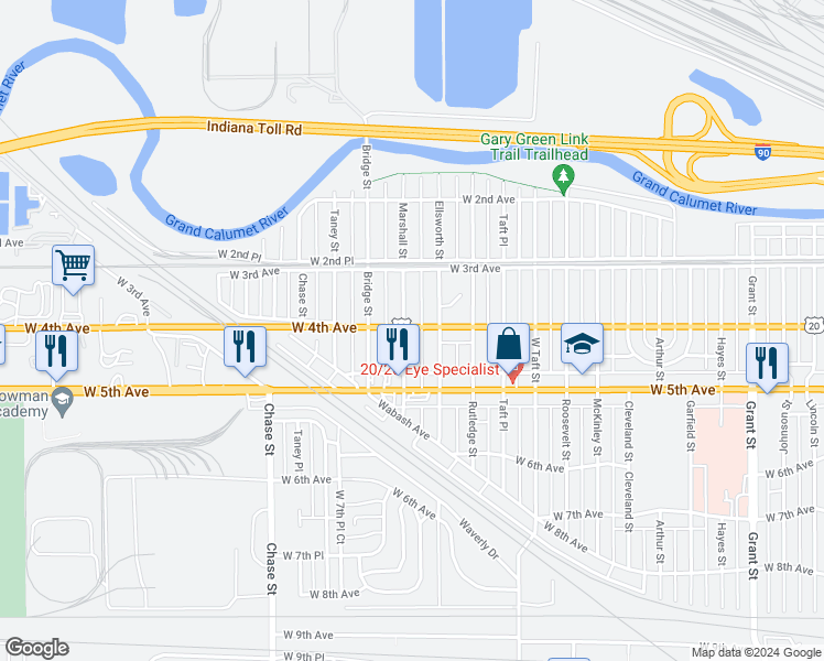 map of restaurants, bars, coffee shops, grocery stores, and more near 401 Marshall Street in Gary