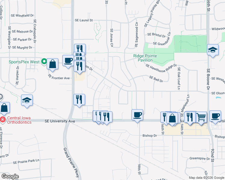 map of restaurants, bars, coffee shops, grocery stores, and more near 1307 Southeast University Avenue in Waukee