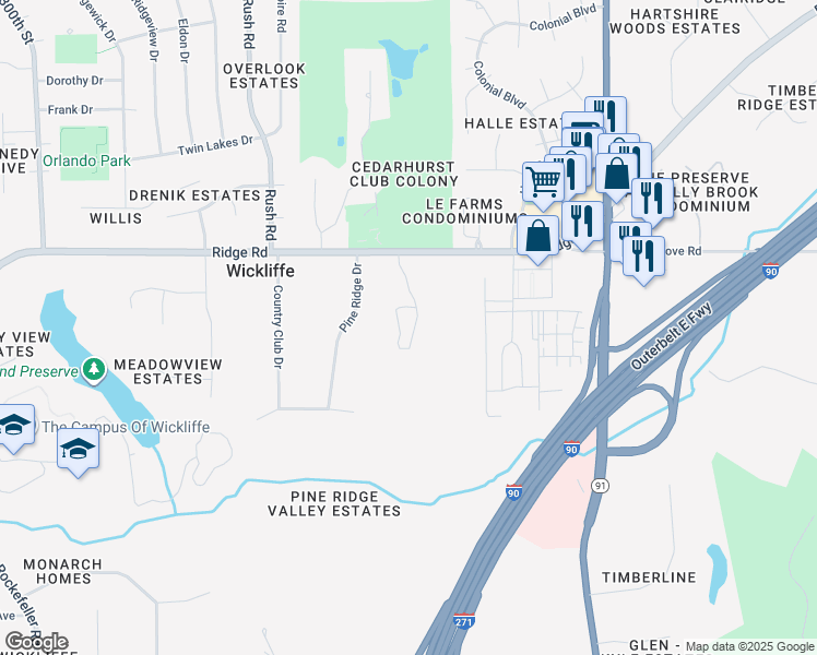 map of restaurants, bars, coffee shops, grocery stores, and more near 30630 Ridge Road in Wickliffe