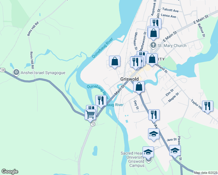 map of restaurants, bars, coffee shops, grocery stores, and more near 57 South Main Street in Griswold