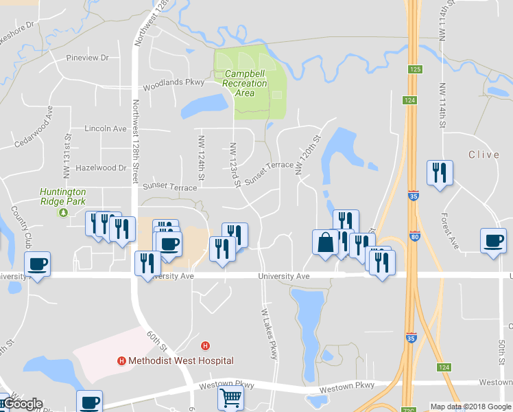 map of restaurants, bars, coffee shops, grocery stores, and more near 12266 Wellington Ridge Drive in Clive