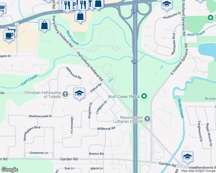 map of restaurants, bars, coffee shops, grocery stores, and more near 2025 Perrysburg Holland Road in Maumee