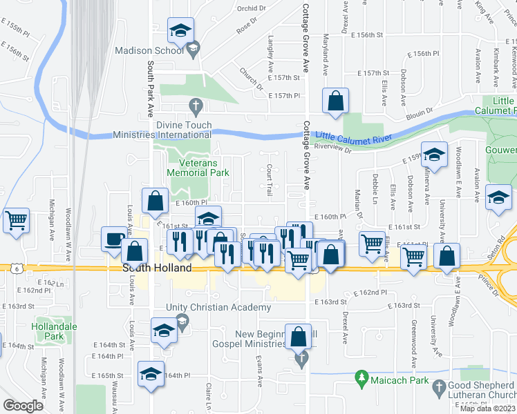 map of restaurants, bars, coffee shops, grocery stores, and more near 621 East 160th Place in South Holland