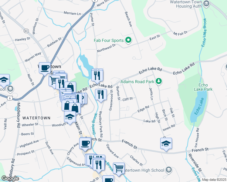 map of restaurants, bars, coffee shops, grocery stores, and more near 194 Echo Lake Road in Watertown