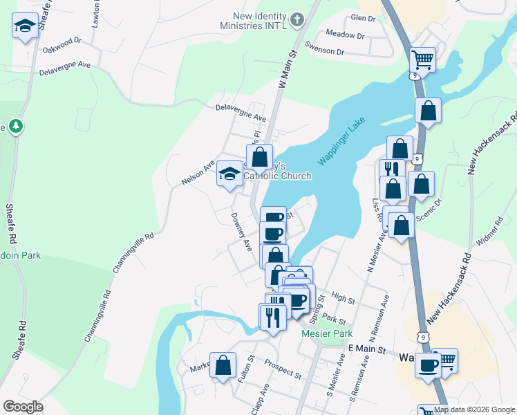 map of restaurants, bars, coffee shops, grocery stores, and more near 2742 West Main Street in Wappingers Falls