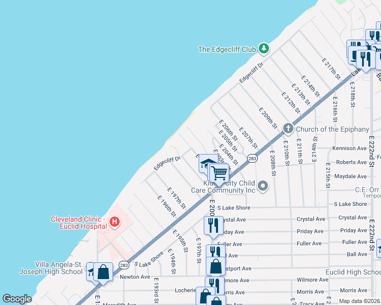 map of restaurants, bars, coffee shops, grocery stores, and more near 81 East 201st Street in Euclid