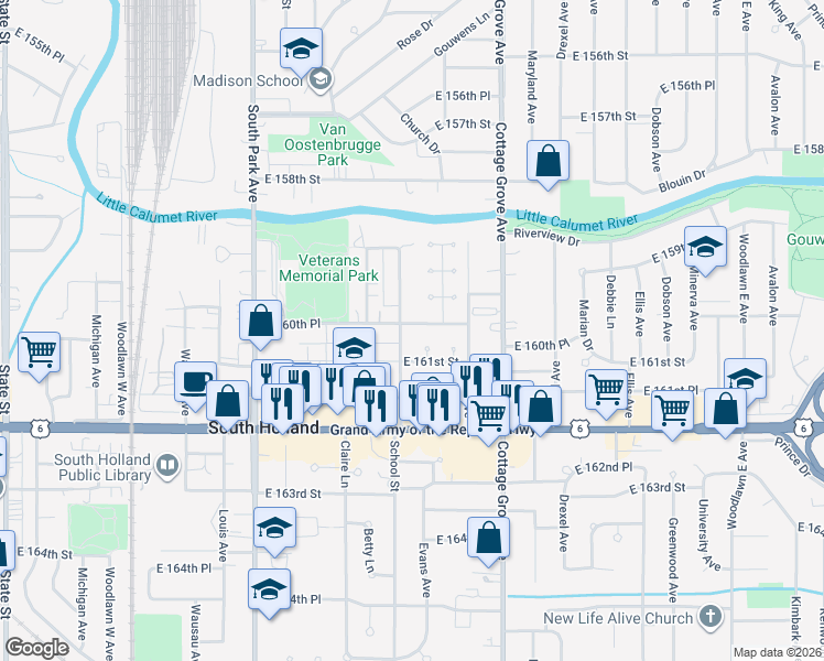 map of restaurants, bars, coffee shops, grocery stores, and more near 16015 School Street in South Holland
