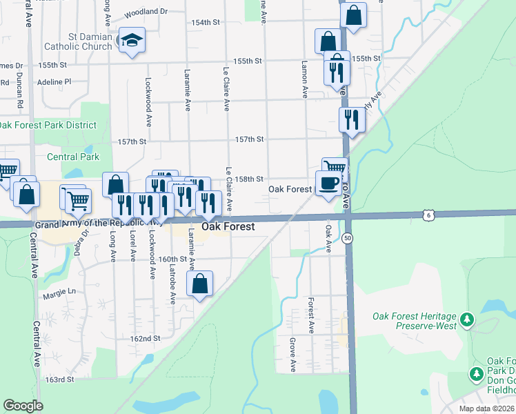 map of restaurants, bars, coffee shops, grocery stores, and more near 15859 159th Street in Oak Forest