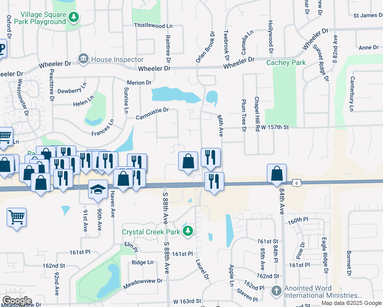 map of restaurants, bars, coffee shops, grocery stores, and more near 15810 Orlan Brook Drive in Orland Park