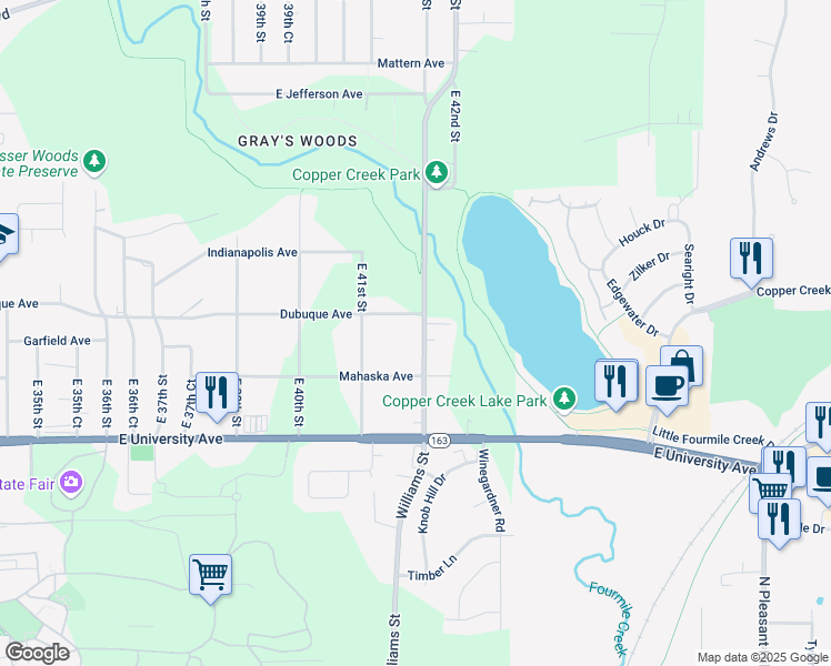 map of restaurants, bars, coffee shops, grocery stores, and more near 4141 Dubuque Avenue in Des Moines