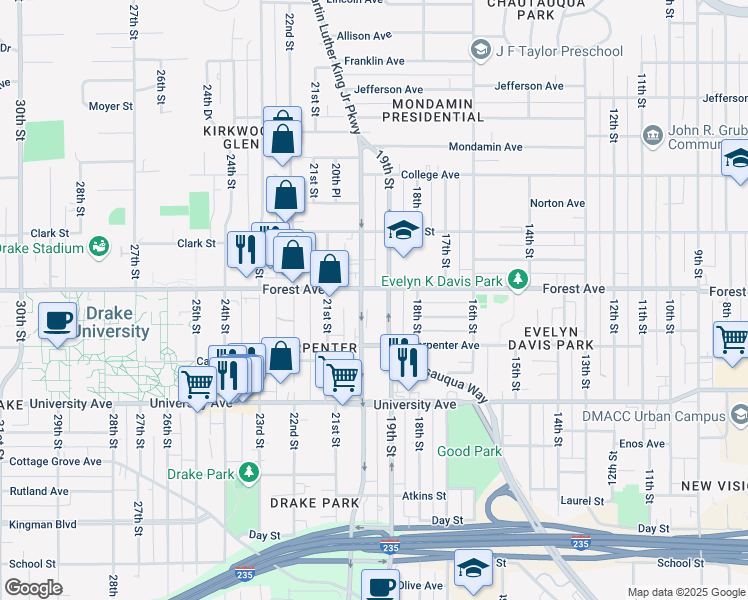 map of restaurants, bars, coffee shops, grocery stores, and more near 1330 19th Street in Des Moines