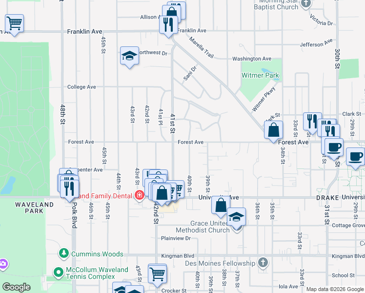 map of restaurants, bars, coffee shops, grocery stores, and more near 4005 Forest Avenue in Des Moines