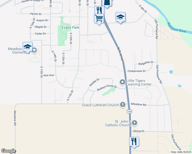map of restaurants, bars, coffee shops, grocery stores, and more near 1004 Shelby Drive in Adel