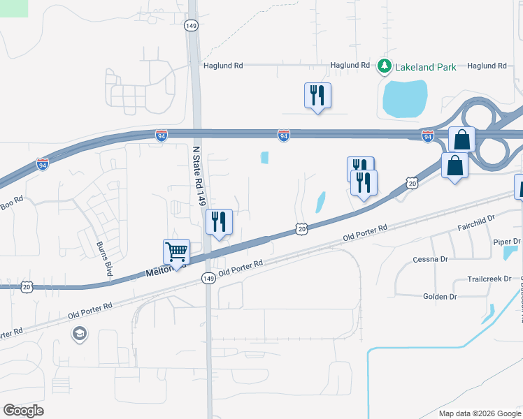 map of restaurants, bars, coffee shops, grocery stores, and more near 283 Melton Road in Burns Harbor