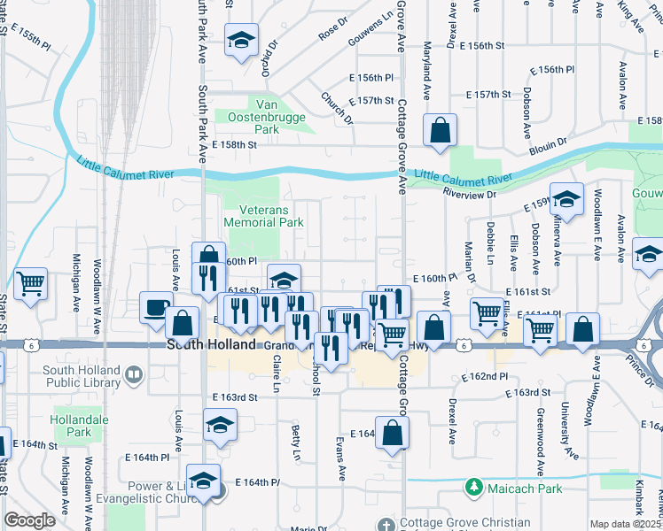 map of restaurants, bars, coffee shops, grocery stores, and more near 609 East 160th Place in South Holland
