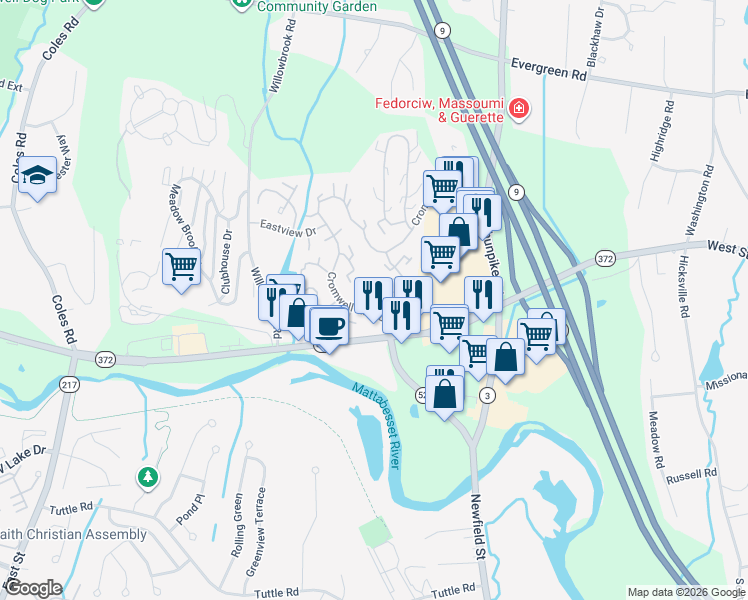 map of restaurants, bars, coffee shops, grocery stores, and more near 17 Golden Court in Cromwell