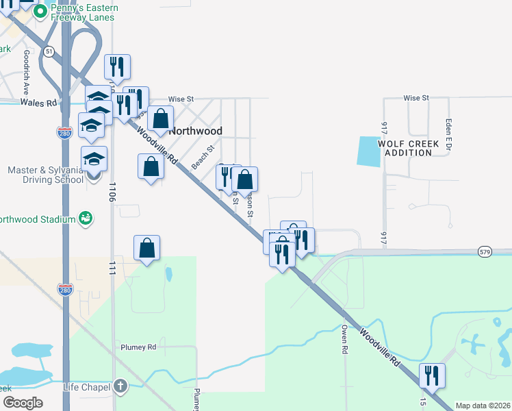 map of restaurants, bars, coffee shops, grocery stores, and more near 931 Hanson Street in Northwood