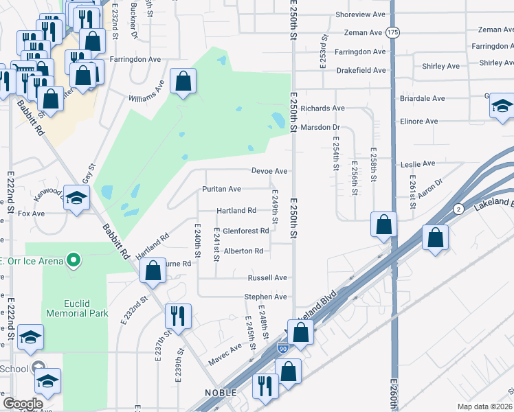 map of restaurants, bars, coffee shops, grocery stores, and more near 24581 Hartland Road in Euclid