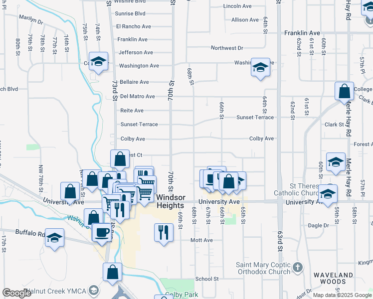 map of restaurants, bars, coffee shops, grocery stores, and more near 6721 Forest Court in Windsor Heights