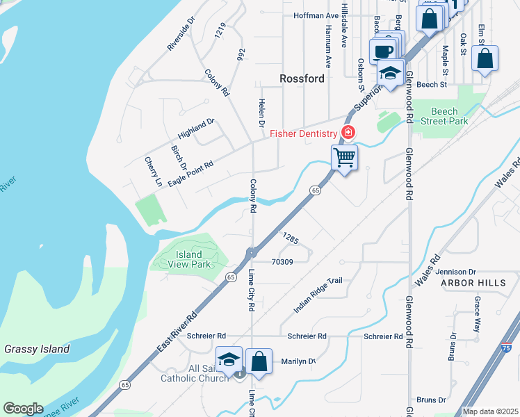 map of restaurants, bars, coffee shops, grocery stores, and more near 148 Colony Road in Rossford