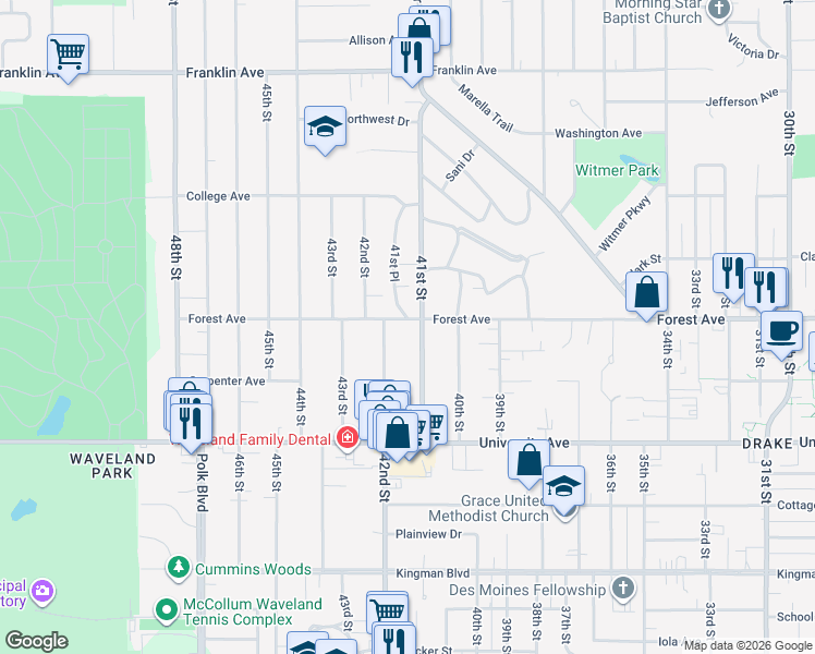 map of restaurants, bars, coffee shops, grocery stores, and more near 4110 Forest Avenue in Des Moines