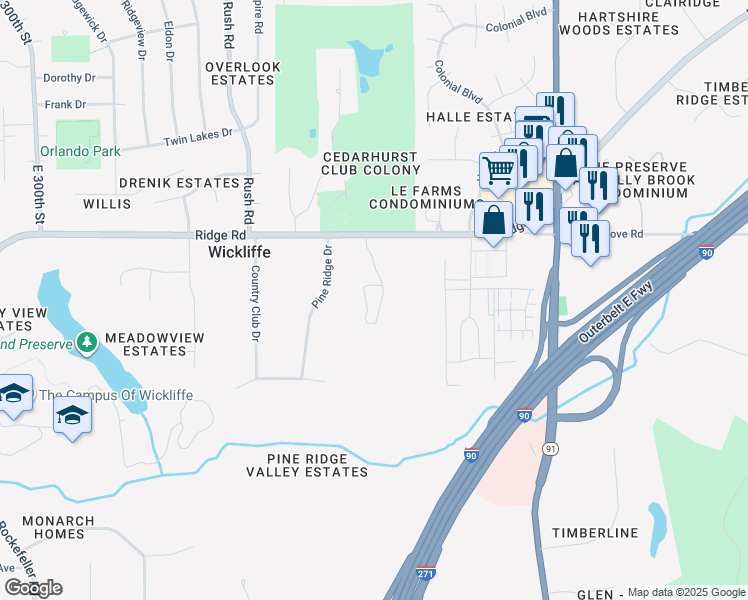 map of restaurants, bars, coffee shops, grocery stores, and more near 30630 Ridge Road in Wickliffe