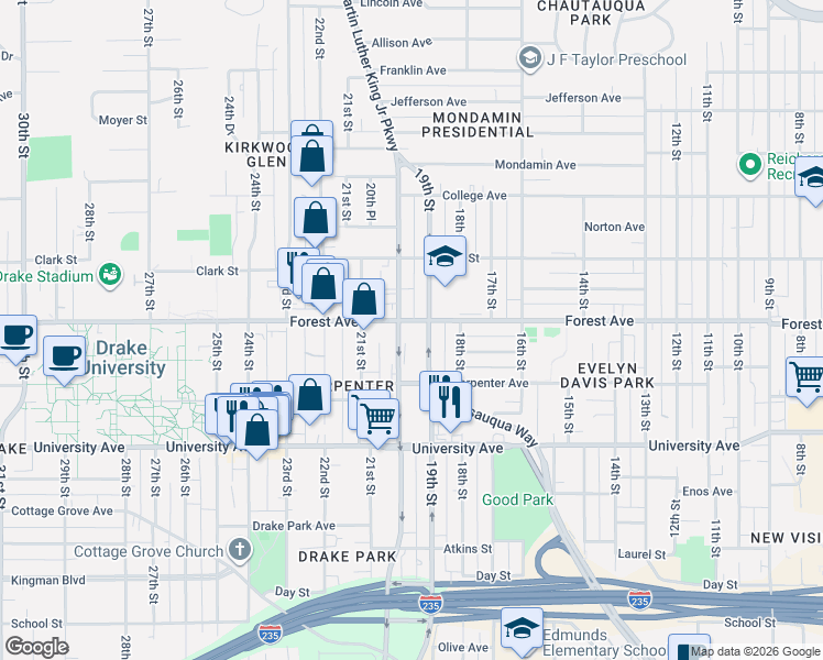 map of restaurants, bars, coffee shops, grocery stores, and more near 1330 19th Street in Des Moines