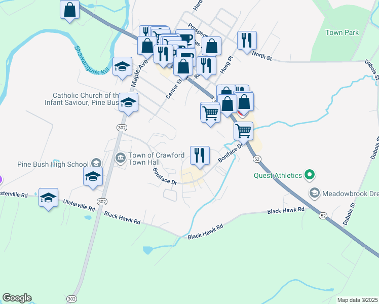 map of restaurants, bars, coffee shops, grocery stores, and more near 104 Ted Drive in Pine Bush