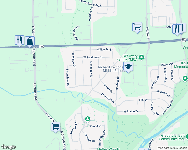 map of restaurants, bars, coffee shops, grocery stores, and more near 15244 Poppy Lane in Plainfield
