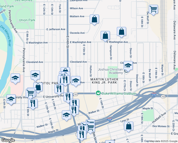 map of restaurants, bars, coffee shops, grocery stores, and more near 1345 East 15th Street in Des Moines