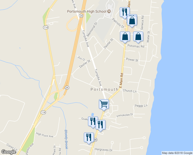 map of restaurants, bars, coffee shops, grocery stores, and more near 98 Turnpike Avenue in Portsmouth