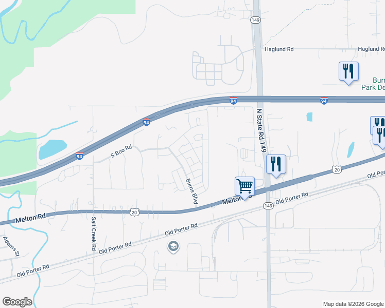 map of restaurants, bars, coffee shops, grocery stores, and more near 1168 Chesterfield Avenue in Burns Harbor