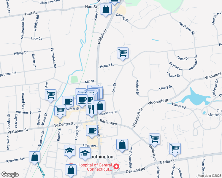 map of restaurants, bars, coffee shops, grocery stores, and more near 108 Oak Street in Southington